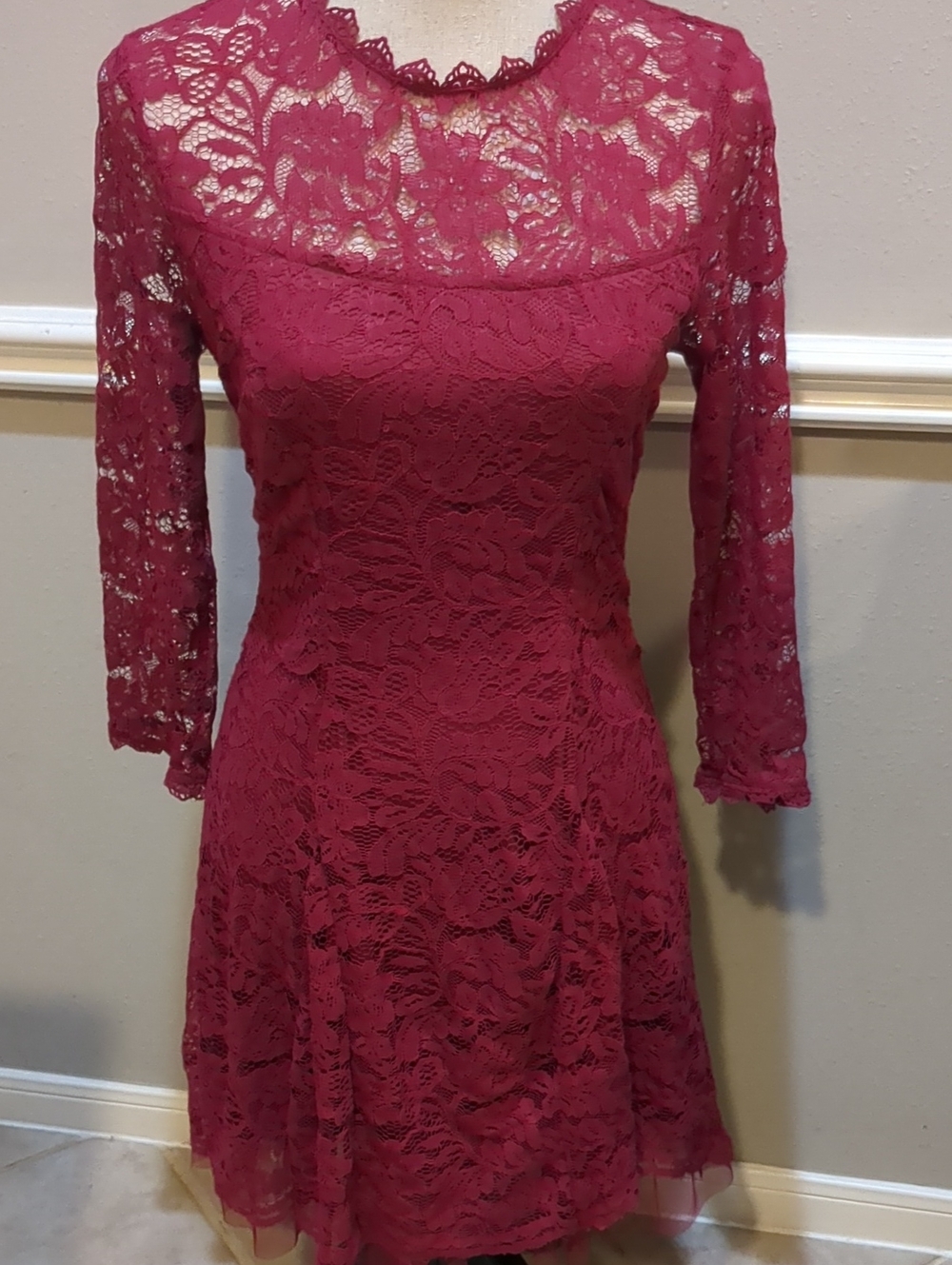 Francesca's Lace Fit-and-Flare Dress in Berry